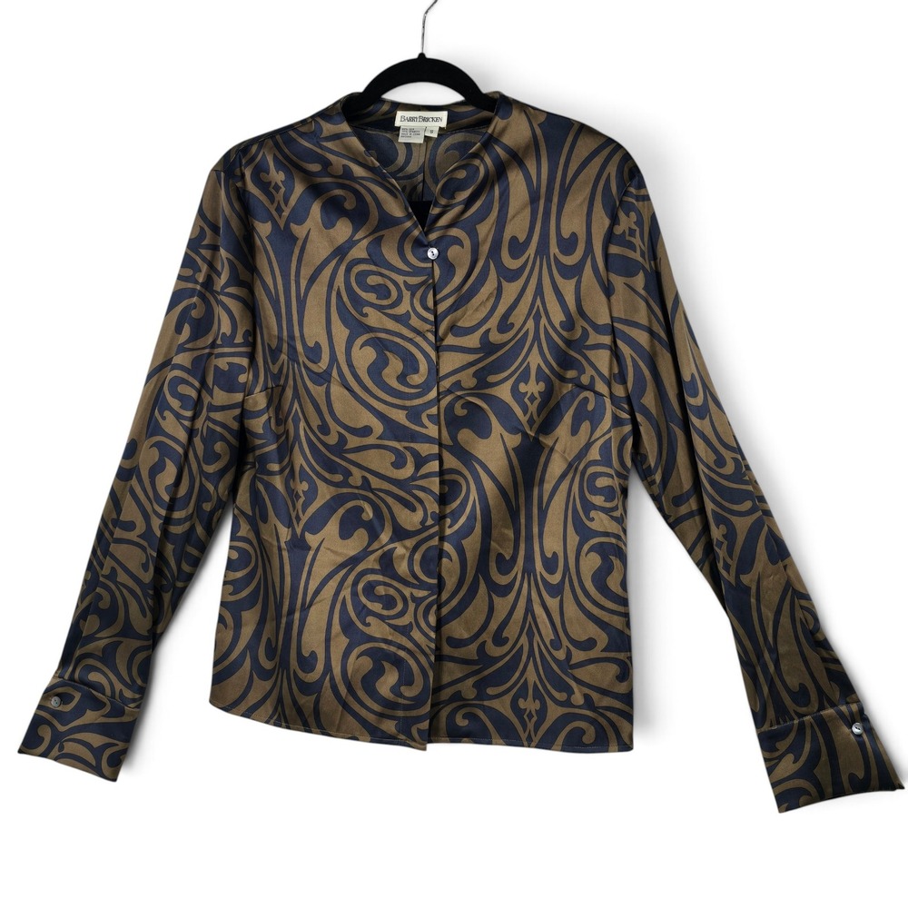 Barry Bricken Blouse Women Small Silk Blend Abstract Swirl Navy Bronze Designer